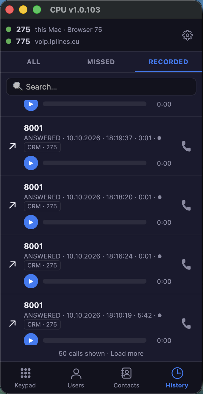 CPU Phone call history with recordings
